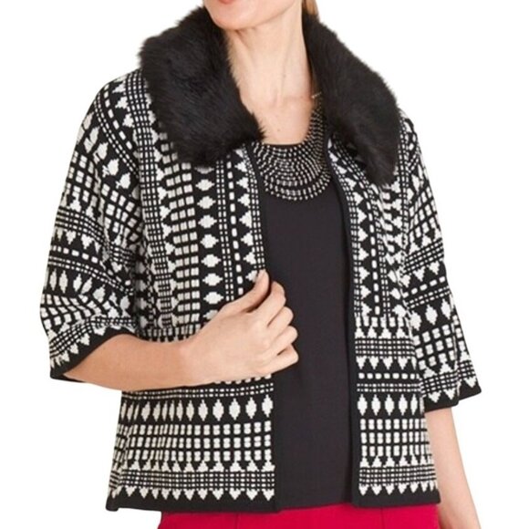 Chico's Sweaters - NWT Chico's Black & White Knit Cardigan Sweater Removable Faux Fur Collar XL
